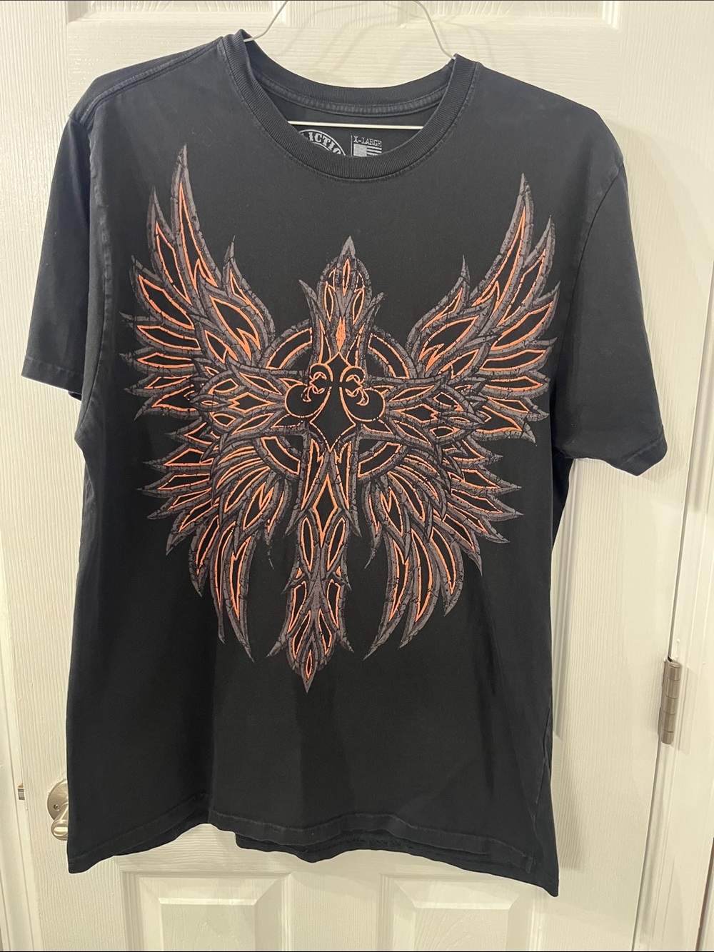 Affliction Black Short Sleeve Tee with Orange Winged Cross Graphic